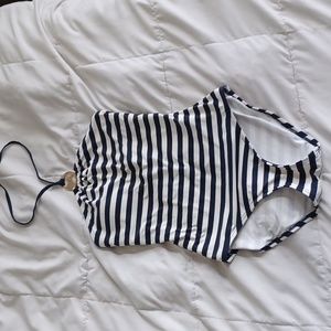 MK Striped Navy/White Logo Ring Bandeau Halter Neck Shirred Swimsuit 6